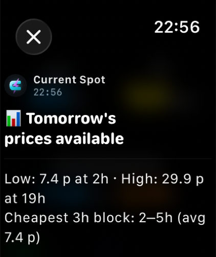 Tomorrow-prices notification on the Apple Watch — real capture