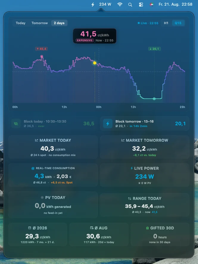 Mac: live watts in the menu bar and the dashboard