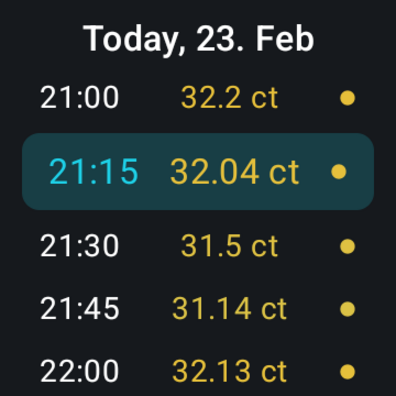 Price List – hourly prices with color-coded levels